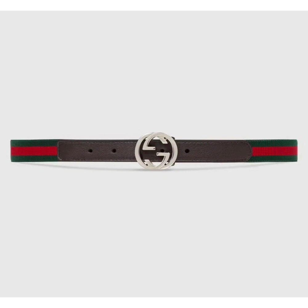 Gucci Web Stripe Interlocking G Buckle Belt Brown Leather Green Red kids youth L